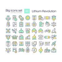 Lithium revolution RGB color icons set. Green energy solution, decarbonization. Consumer portable electronics. Isolated illustrations. Simple filled line drawings collection. Editable stroke vector