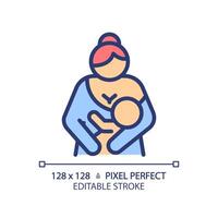 Baby lactation RGB color icon. Breastfeeding, childcare. Breast suckling, newborn holding. Human reproduction biology. Isolated illustration. Simple filled line drawing. Editable stroke vector