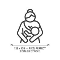 Baby lactation linear icon. Breastfeeding, childcare. Breast suckling, newborn holding. Human reproduction biology. Thin line illustration. Contour symbol. outline drawing. Editable stroke vector