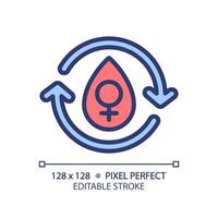 Female menstrual cycle RGB color icon. Feminine reproduction system illness. Period cycle blood. Menstrual flow. Isolated illustration. Simple filled line drawing. Editable stroke vector