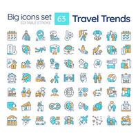 Travel trends RGB color icons set. Global travel. Responsible tourism, Technology integration. Travel activities. Isolated illustrations. Simple filled line drawings collection. Editable stroke vector