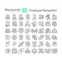 Employee recognition linear icons set. Corporate culture. Team spirit. Workers motivation. Team member gratitude. Customizable thin line symbols. Isolated outline illustrations. Editable stroke vector