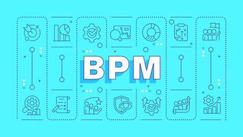 BPM turquoise word concept. Customer service, user experience. Workflow automatization. Typography banner. illustration with title text, editable icons color. Hubot Sans font used vector