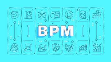 BPM turquoise word concept. Customer service, user experience. Workflow automatization. Typography banner. illustration with title text, editable icons color. Hubot Sans font used vector