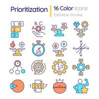 Prioritization methods RGB color icons set. Time management, process optimization. Scheduling systems. Isolated illustrations. Simple filled line drawings collection. Editable stroke vector