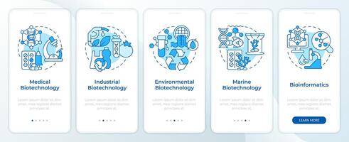 Types of biotechnology blue onboarding mobile app screen. Walkthrough 5 steps editable graphic instructions with linear concepts. UI, UX, GUI template. Montserrat SemiBold, Regular fonts used vector