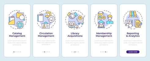 Library management software onboarding mobile app screen. Walkthrough 5 steps editable graphic instructions with linear concepts. UI, UX, GUI template. Montserrat Semibold, Regular fonts used vector