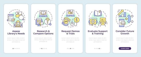 Library systems onboarding mobile app screen. Digital advancement. Walkthrough 5 steps editable graphic instructions with linear concepts. UI, UX, GUI template. Montserrat Semibold, Regular fonts used vector