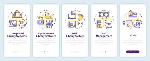 Library software onboarding mobile app screen. Books managing. Walkthrough 5 steps editable graphic instructions with linear concepts. UI, UX, GUI template. Montserrat Semibold, Regular fonts used vector