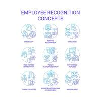 Employee recognition blue gradient concept icons. Team member appreciation. Workplace culture. Worker encouragement. Icon pack. images. Round shape illustrations. Abstract idea vector