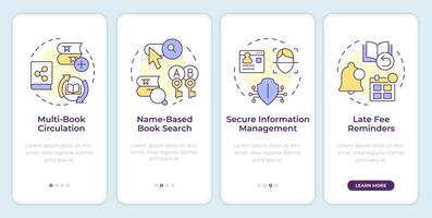 RFID library advantages onboarding mobile app screen. Walkthrough 4 steps editable graphic instructions with linear concepts. UI, UX, GUI template. Montserrat Semibold, Regular fonts used vector