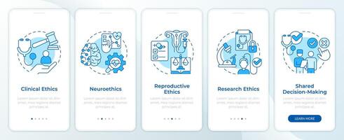 Specific areas within bioethics blue onboarding mobile app screen. Walkthrough 5 steps editable graphic instructions with linear concepts. UI, UX, GUI template. Montserrat SemiBold, Regular fonts used vector