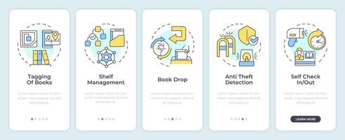 RFID book manage onboarding mobile app screen. Walkthrough 5 steps editable graphic instructions with linear concepts. UI, UX, GUI template. Montserrat Semibold, Regular fonts used vector