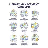 Library management multi color concept icons. RFID technology, book circulation. Customer service. Icon pack. images. Round shape illustrations for article, blog post. Abstract idea vector