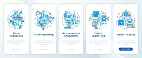 Biomedical engineering blue onboarding mobile app screen. Walkthrough 5 steps editable graphic instructions with linear concepts. UI, UX, GUI template. Montserrat SemiBold, Regular fonts used vector