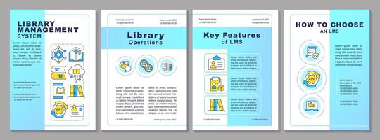 Library management features brochure template. User service. Leaflet design with linear icons. Editable 4 layouts for presentation, annual reports vector