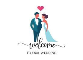 Elegant Wedding Welcome Sign with Bride and Groom Illustration vector