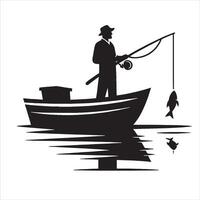 a silhouette of a fisherman standing on a boat with a fishing rod in his hand vector