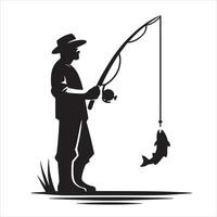 a silhouette of a fisherman with a fish in his hand vector