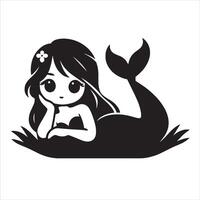 un linda kawaii sirena es acostado abajo en un ilustración vector