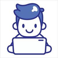 A bold line graphic logo of a cute cartoon boy is working on a laptop Illustration vector