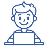 A bold line graphic logo of a cute cartoon boy is working on a laptop Illustration vector