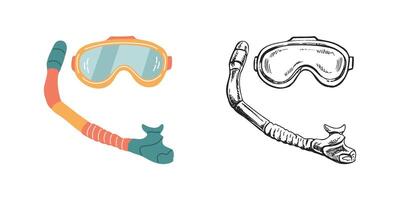 Cute hand drawn diving mask and snorkel, Marine concept elements. Flat and outline sketch illustrations on white background. vector