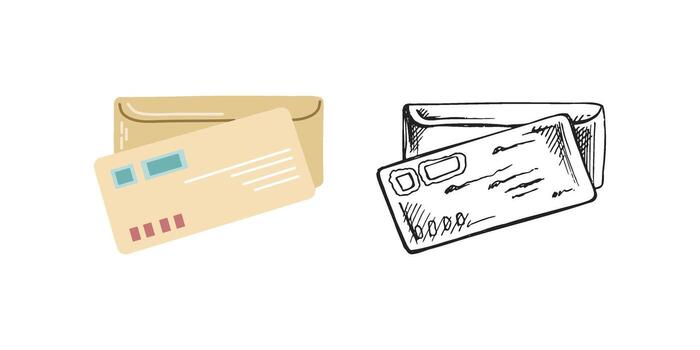 linda envío carta, sobre para enviando con matasellos aislado en blanco antecedentes. plano y contorno bosquejo de correspondencia, físico enviar y comunicación. vector