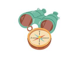 Cute hand drawn binoculars and compass. Flat illustration isolated on white background. Doodle drawing. vector