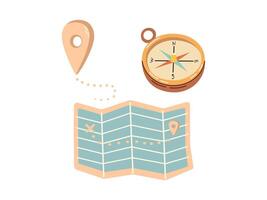 Cute hand drawn compass, geolocation mark and paper map. Flat illustration isolated on white background. Doodle drawing. vector