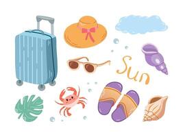A set of color sketches made by hand. Badges for tourism and adventure. A clipart with elements of travel, marine life, flip-flops, suitcase, hat, shells. vector
