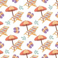 Cute hand drawn beach chair with beach umbrella with flip flops, seamless pattern. Flat illustration isolated on white background. Doodle drawing. vector