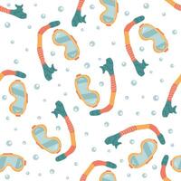 Cute hand drawn diving mask and snorkel seamless pattern, Marine concept elements. Flat illustration on white background. vector