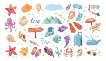 A set of hand-drawn color sketches. Badges for tourism and camping. A clipart with travel elements. vector