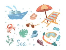 A set of color sketches made by hand. Badges for tourism and adventure. A clipart with elements of travel, marine life, flip-flops, deck chairs, seashells, etc. vector