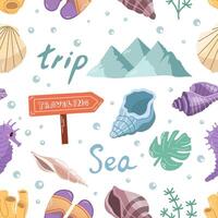 Hand-drawn color travelling seamless pattern. Badges for tourism and camping. A clipart with travel elements. vector