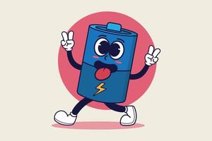 Battery Cartoon Character with Happy Face and two fingers vector