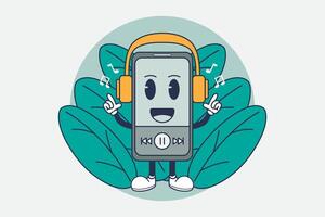 Smartphone listening to music with headphones. Design illustration vector