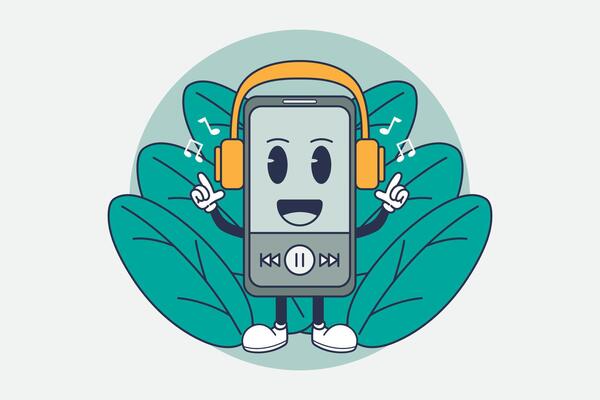 Smartphone listening to music with headphones. Design illustration