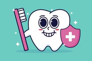 Cute cartoon tooth character with toothbrush and shield illustration vector