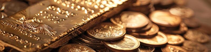 reluciente oro barras y monedas mostrando riqueza y inversión foto