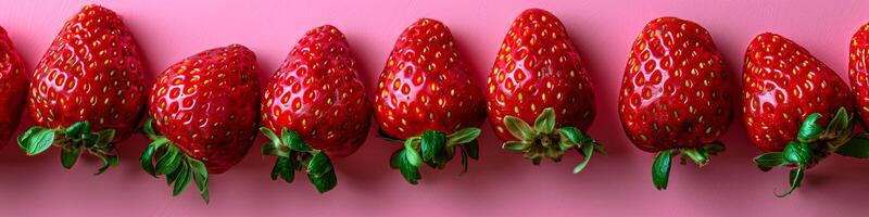 Vibrant Row of Strawberries on Pink Background photo