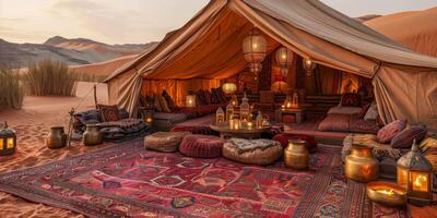 Luxurious Arabian Style Tent With Couch and Table Inside photo