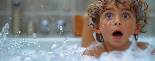 con los ojos muy abiertos niñito disfrutando salpicaduras agua en hora del baño divertido foto