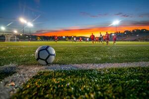 un fútbol pelota descansa a el borde de un vibrante campo, conjunto en contra el maravilloso fondo de un ardiente puesta de sol y estadio luces foto