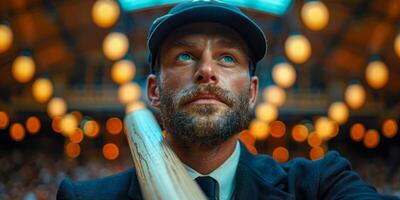 Man in Suit and Tie Holding Baseball Bat photo