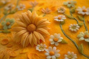 Artful focus on a single orange daisy crafted onto a textured yellow felt surface, showcasing artistic detail and creativity photo