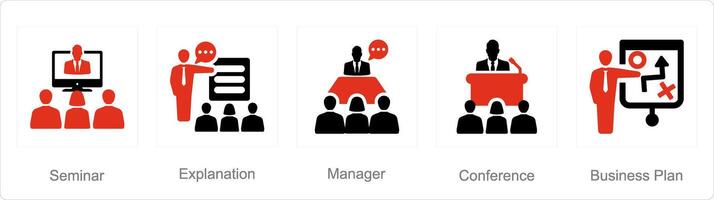 A set of 5 business presentation icons as seminar, explanation, manager vector