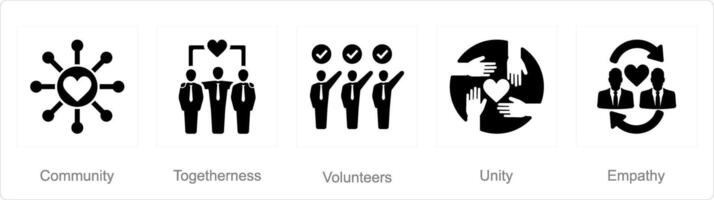 A set of 5 charity and donation icons as community, togetherness, volunteers vector