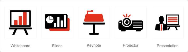 A set of 5 business presentation icons as white board, slides, keynote vector